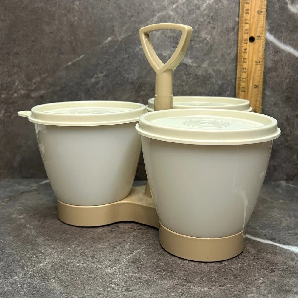 Vintage Tupperware Condiment Caddy 757-4 Almond White 3 Bowls Lids Handle Set